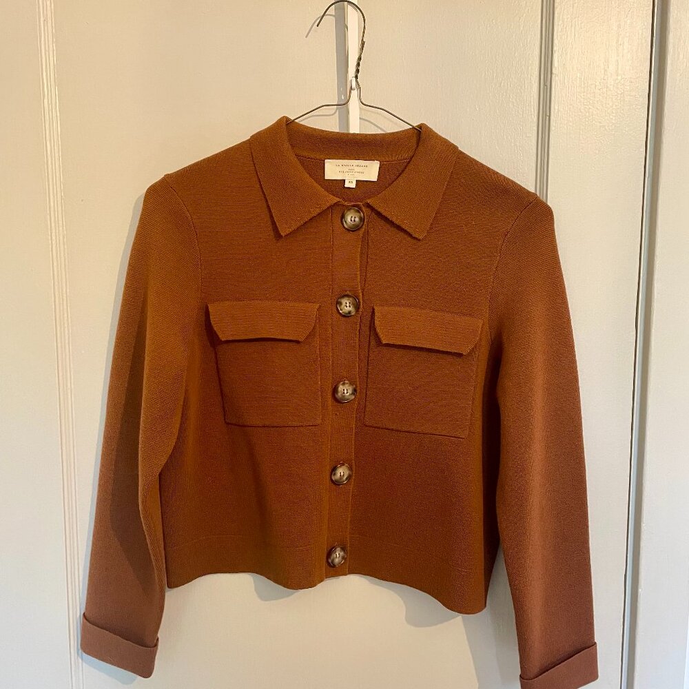 Sezane deep caramel brown merino wool sweater jacket sz XS